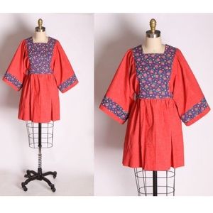 1960s Red Blue Boho Cottagecore Hippie Mini Dress